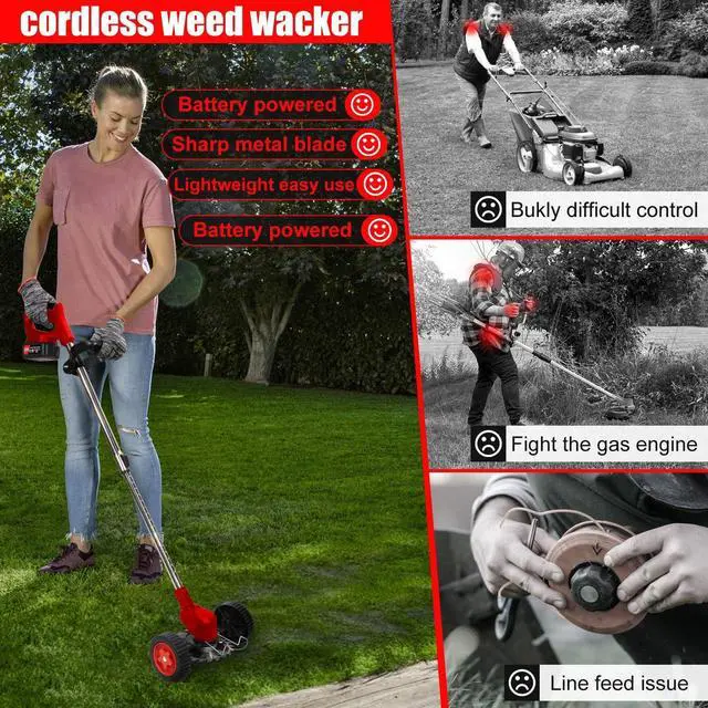 Alt view image 13 of 14 - Cordless Weed Wacker, Electric Grass Trimmer 21V 2.0Ah Battery Powered Weed Trimmer, 3 in 1 Stringless Lightweight Brush Cutter/Edger/Mower with 4 Types Blade & Wheels for Garden and Yard Lawn