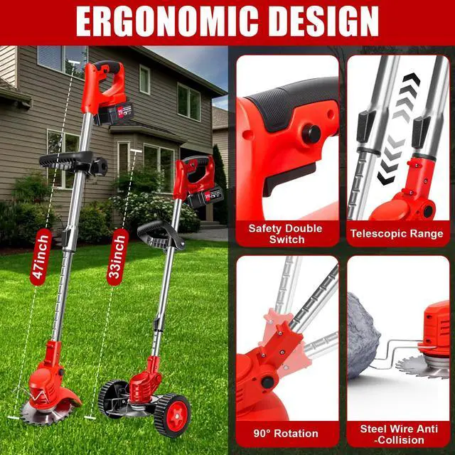 Alt view image 14 of 14 - Cordless Weed Wacker, Electric Grass Trimmer 21V 2.0Ah Battery Powered Weed Trimmer, 3 in 1 Stringless Lightweight Brush Cutter/Edger/Mower with 4 Types Blade & Wheels for Garden and Yard Lawn