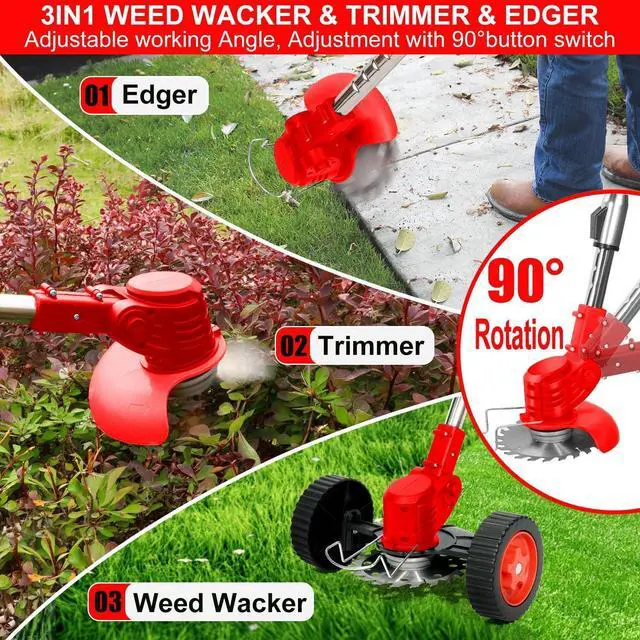 Alt view image 11 of 14 - Cordless Weed Wacker, Electric Grass Trimmer 21V 2.0Ah Battery Powered Weed Trimmer, 3 in 1 Stringless Lightweight Brush Cutter/Edger/Mower with 4 Types Blade & Wheels for Garden and Yard Lawn