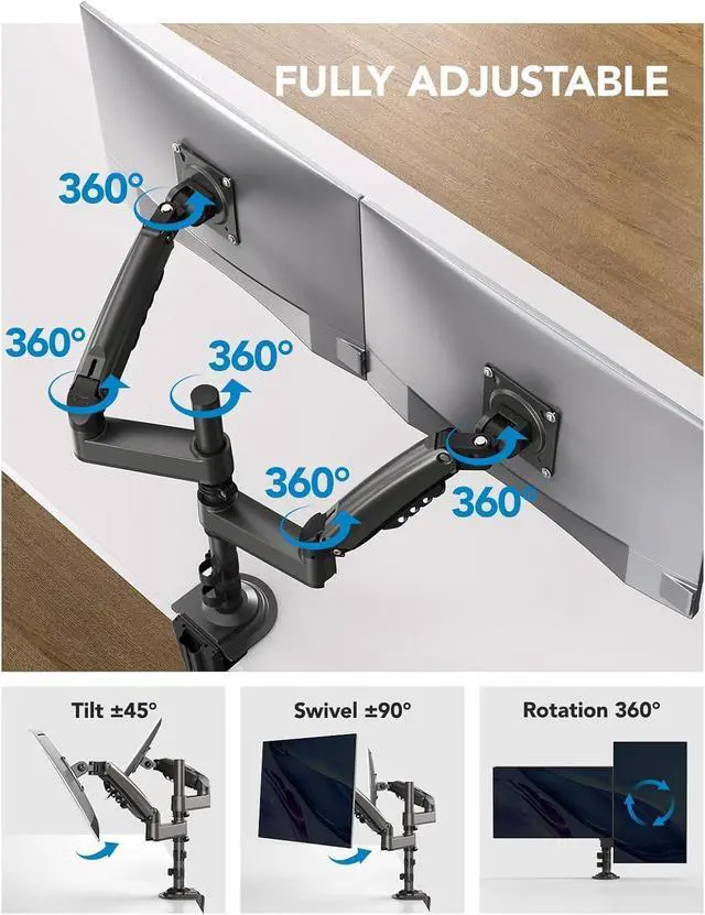 Alt view image 11 of 14 - 17-32 Inch Dual Monitor Stand, Vertical Dual Monitor Mount, Monitor Stand 2 Monitors, Ergonomic Adjustable Tilt/Swivel/Rotate, Weight Max 19.8 lbs, VESA 75/100mm