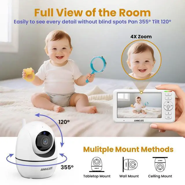 Alt view image 10 of 14 - 5" HD Video Baby Monitor with Camera and Audio - No WiFi, 48H Battery Life,720P Remote Pan Tilt Zoom, Two-Way Talk, Night Vision, Thermal Room Monitor, Lullabies & White Noise, 1000ft Range