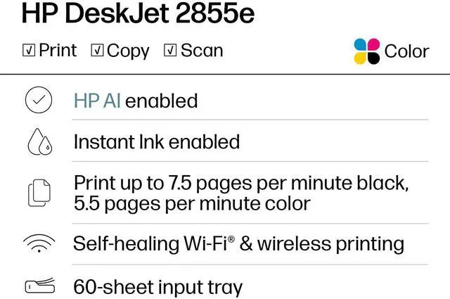 Alt view image 9 of 14 - DeskJet 2855e Wireless All-in-One Color Inkjet Printer, Scanner, Copier, Best-for-home, 3 month Instant Ink trial included. This printer is only 2.4 ghz capable. (588S5A)
