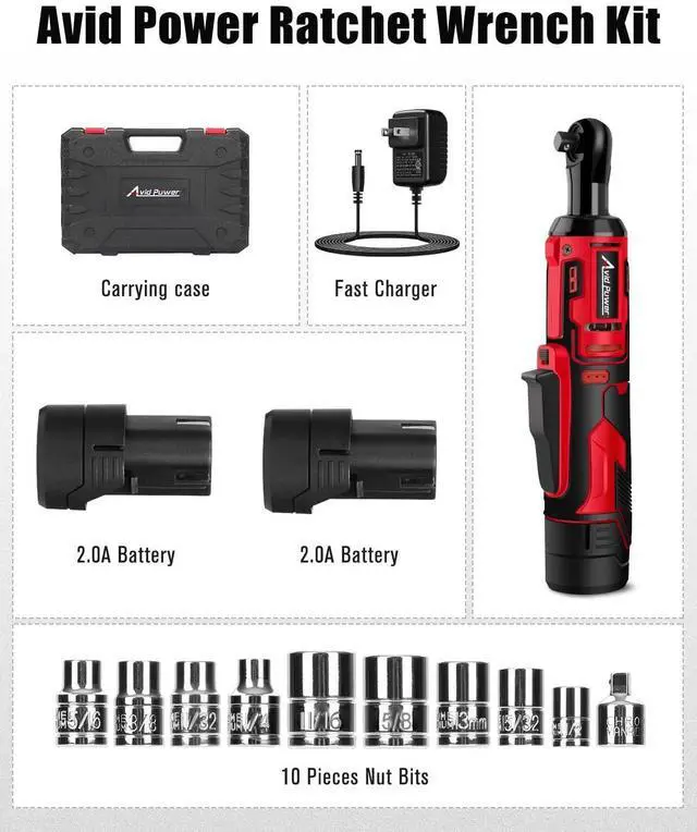 Alt view image 14 of 14 - Cordless Electric Ratchet Wrench 3/8", 44.2 Ft-lbs 12V Power Ratchet Wrench Kit w/Two 2.0Ah Batteries, 1-Hour Fast Charger, Variable Speed and 10 Sockets