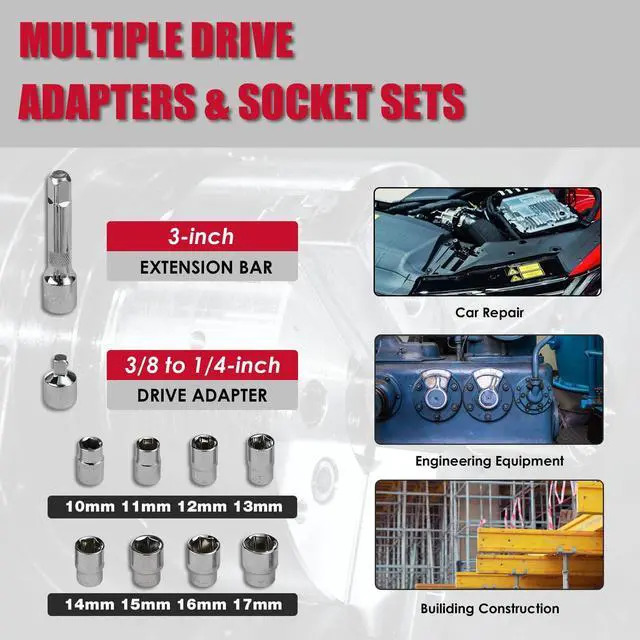 Alt view image 9 of 12 - Cordless Electric Ratchet Wrench Set, 3/8" 12V Extended Power Ratchet Tool Kit, 41 Ft-Lbs Cordless Ratchet with 8 Sockets, 1/4" adapter, LED Light, 2-Pack 2000mAh Battery And Charger