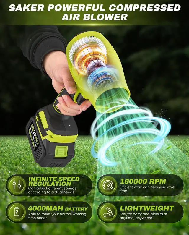 Alt view image 9 of 14 - Cordless Leaf Blower Portable Dust Cleaner Handheld Blowers 2 x 4.0Ah Batteries 180000 RPM Air Duster with Adjustable Speed for Drying Patio Cleaning Green
