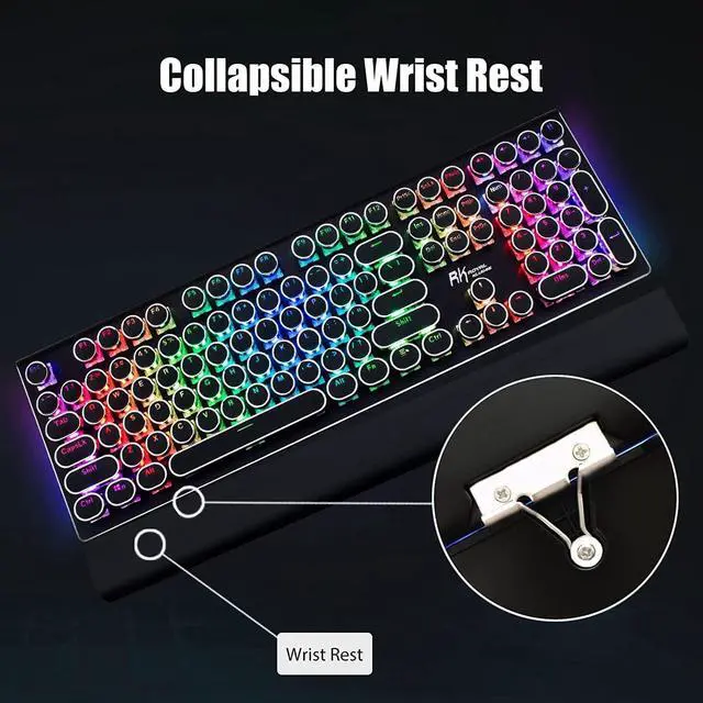 Alt view image 10 of 14 - S108 Typewriter Keyboard, Retro Mechanical Gaming Keyboard Wired 108 Keys with RGB Backlit Sidelight, Detachable Wrist Rest, Round Keycaps Blue Switches - Black