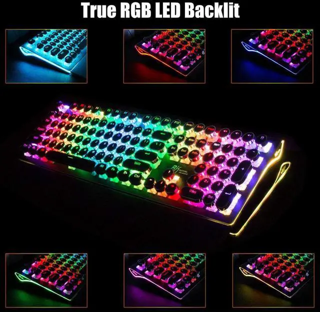 Alt view image 12 of 14 - S108 Typewriter Keyboard, Retro Mechanical Gaming Keyboard Wired 108 Keys with RGB Backlit Sidelight, Detachable Wrist Rest, Round Keycaps Blue Switches - Black