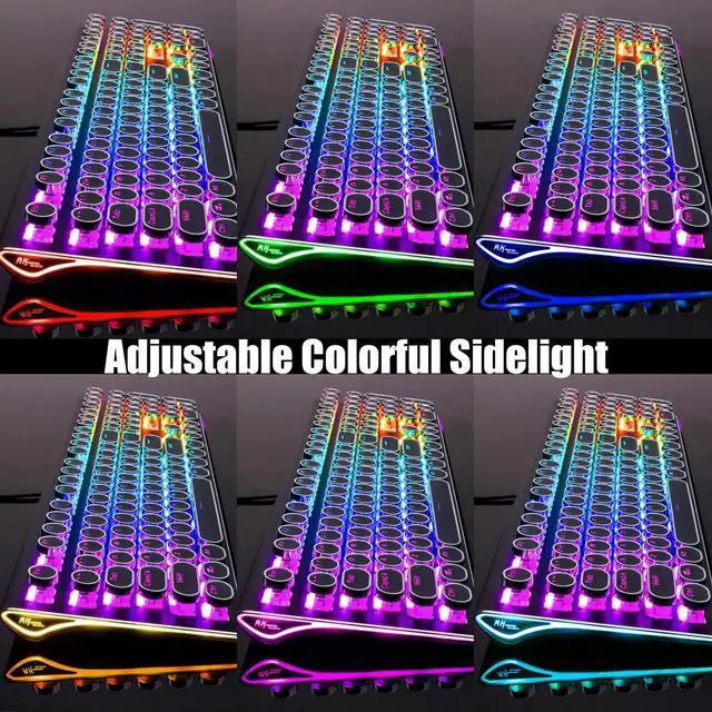 Alt view image 14 of 14 - S108 Typewriter Keyboard, Retro Mechanical Gaming Keyboard Wired 108 Keys with RGB Backlit Sidelight, Detachable Wrist Rest, Round Keycaps Blue Switches - Black
