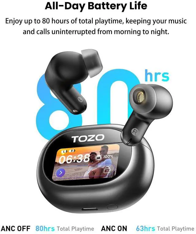Alt view image 11 of 14 - NC20 Pro Active Noise Cancelling Wireless Earbuds with Smart Touch Screen, LDAC Hi-Res Audio, Stereo Bass, 6 Mics AI Call Ear Buds, 80H Playtime, IPX8 Waterproof, 32 EQ via App, Wireless Charging