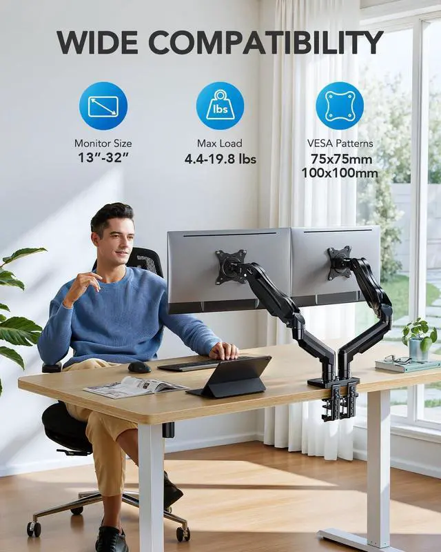 Alt view image 9 of 14 - FlowLift Dual Monitor Stand, Fully Adjustable Gaming Monitor Desk Mount for 1332 Computer Screens, Full Motion VESA 75x75/100x100 with C-Clamp & Grommet Base, Each Arm Holds 4.4 to 19.8 lbs