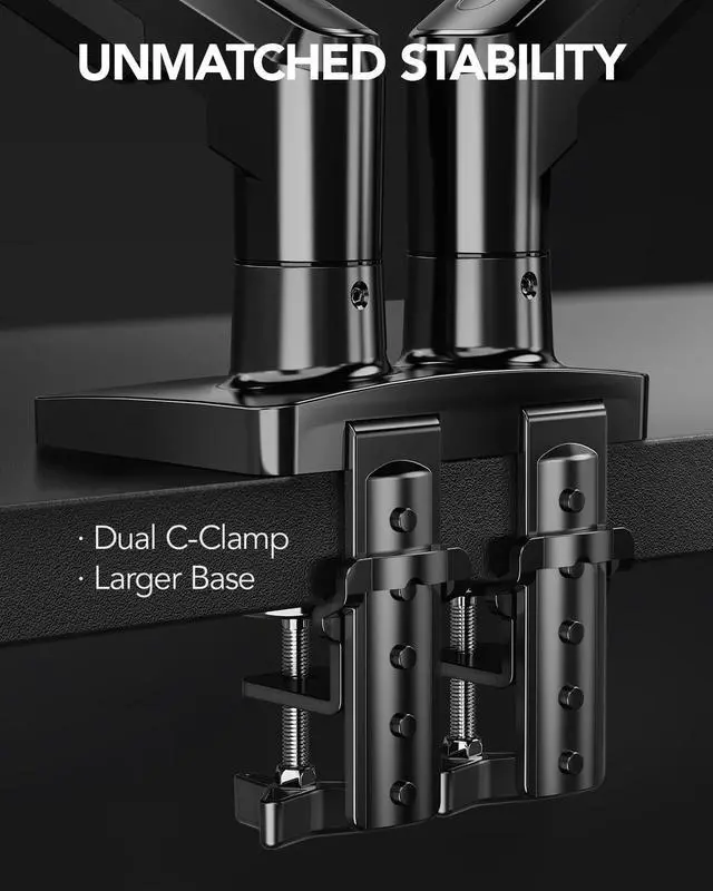 Alt view image 11 of 14 - FlowLift Dual Monitor Stand, Fully Adjustable Gaming Monitor Desk Mount for 1332 Computer Screens, Full Motion VESA 75x75/100x100 with C-Clamp & Grommet Base, Each Arm Holds 4.4 to 19.8 lbs