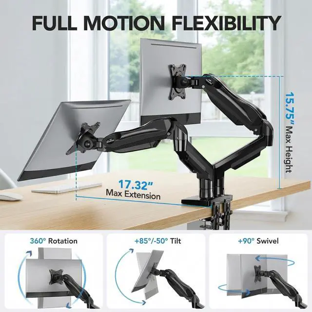 Alt view image 10 of 14 - FlowLift Dual Monitor Stand, Fully Adjustable Gaming Monitor Desk Mount for 1332 Computer Screens, Full Motion VESA 75x75/100x100 with C-Clamp & Grommet Base, Each Arm Holds 4.4 to 19.8 lbs