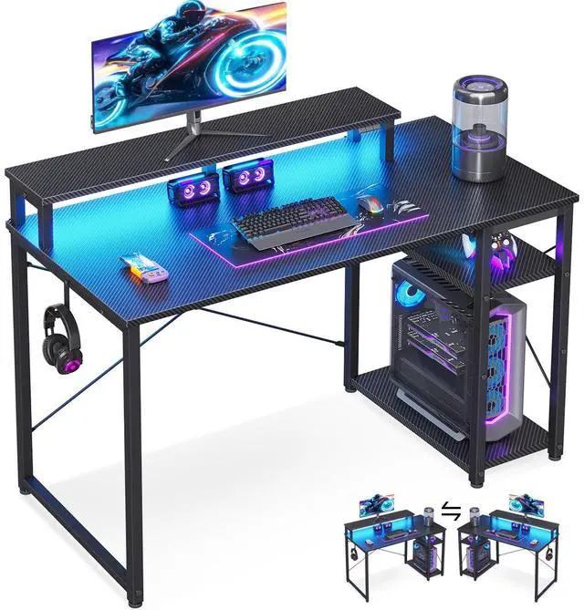 Alt view image 8 of 14 - 40 Inch Small Gaming Desk with Storage & Led Lights, Computer Desk with Shelf, Reversible Gamer Desk with Monitor Stand, Carbon Fiber Texture Black