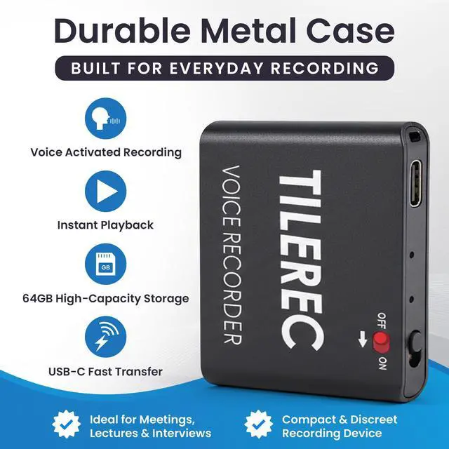 Alt view image 9 of 14 - TileRec Voice Activated Recorder with Playback 64GB Digital Audio Recorder, Metal Case, USB-C & 1100 Hours MP3 Recording Mini Portable Audio Recording Device for Meetings & Interviews