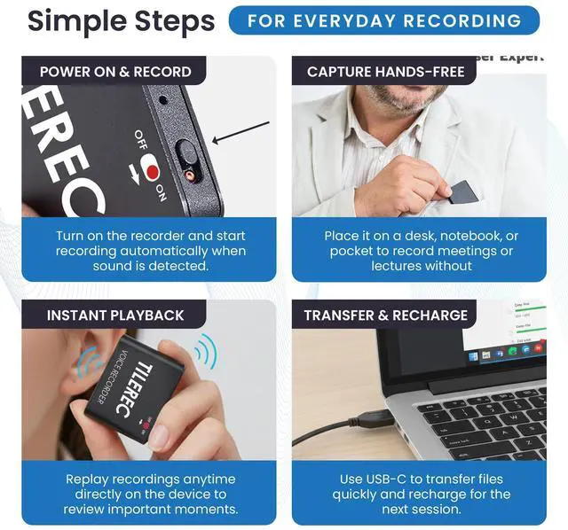Alt view image 12 of 14 - TileRec Voice Activated Recorder with Playback 64GB Digital Audio Recorder, Metal Case, USB-C & 1100 Hours MP3 Recording Mini Portable Audio Recording Device for Meetings & Interviews