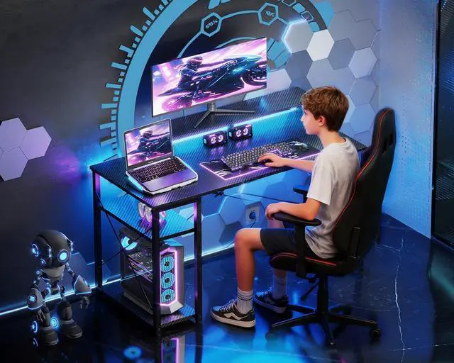 Alt view image 9 of 14 - 40 Inch Small Gaming Desk with Storage & Led Lights, Computer Desk with Shelf, Reversible Gamer Desk with Monitor Stand, Carbon Fiber Texture Black