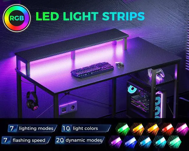 Alt view image 11 of 14 - 40 Inch Small Gaming Desk with Storage & Led Lights, Computer Desk with Shelf, Reversible Gamer Desk with Monitor Stand, Carbon Fiber Texture Black