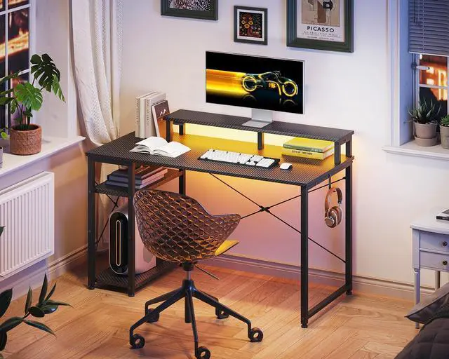 Alt view image 14 of 14 - 40 Inch Small Gaming Desk with Storage & Led Lights, Computer Desk with Shelf, Reversible Gamer Desk with Monitor Stand, Carbon Fiber Texture Black