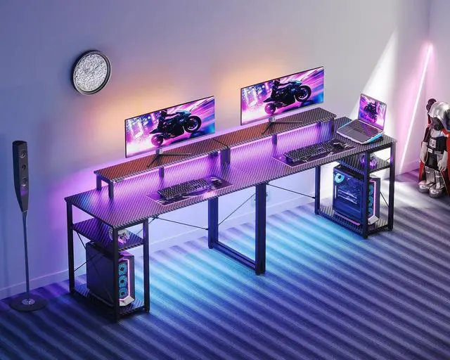 Alt view image 13 of 14 - 40 Inch Small Gaming Desk with Storage & Led Lights, Computer Desk with Shelf, Reversible Gamer Desk with Monitor Stand, Carbon Fiber Texture Black