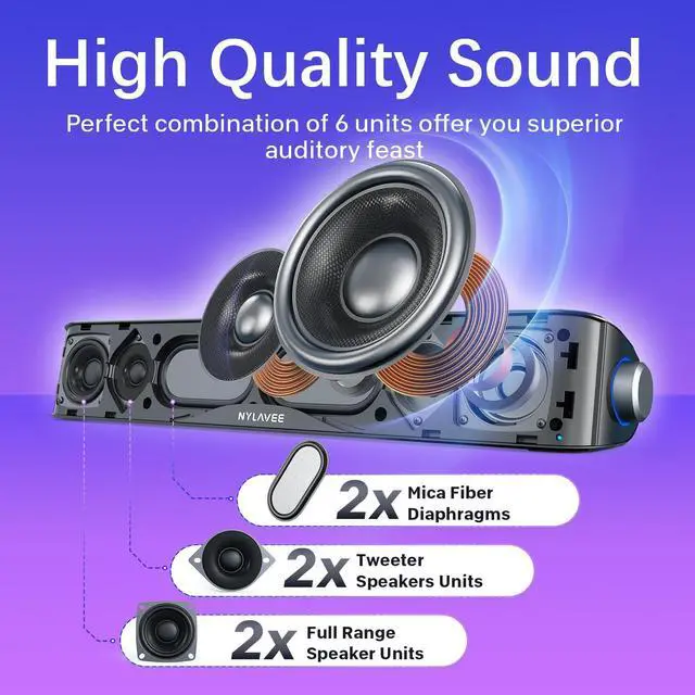 Alt view image 9 of 14 - Computer Speakers with Subwoofer, 2.1 PC Speakers System with Bluetooth 5.4 & 3.5mm Aux-in, 60W Peak Power, AC Adapter Powered Computer Sound Bar for Desktop PC, Laptop, Monitor, Gaming