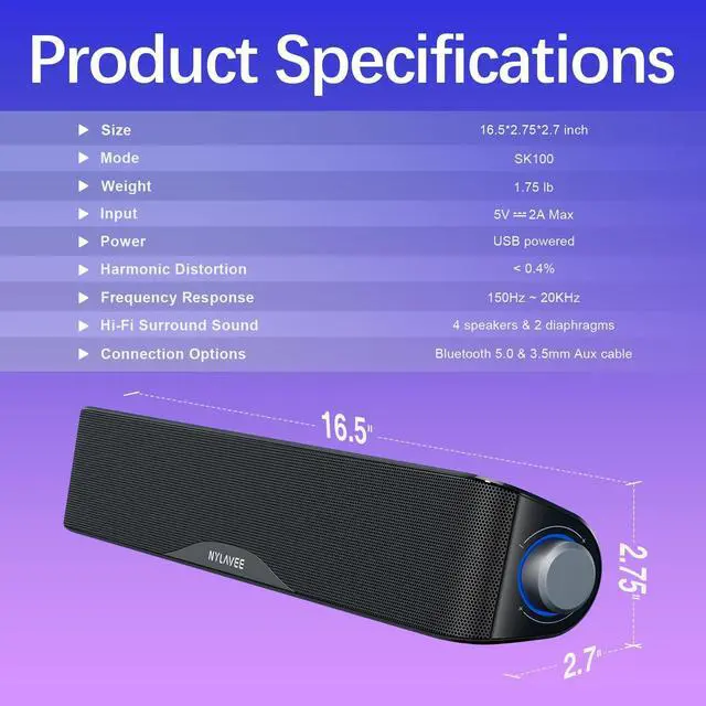 Alt view image 14 of 14 - Computer Speakers, Hi-Fi Stereo Computer Sound Bar with Bluetooth & 3.5mm Aux, USB/USB-C Powered for Desktop PC, Laptop & Monitor, Built-in Mic and Headphone Jack