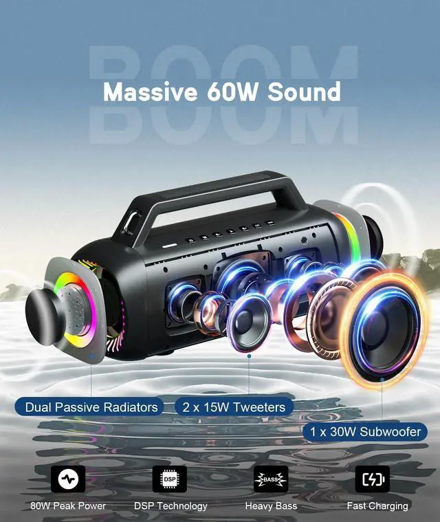 Alt view image 9 of 16 - 80W Speakers Bluetooth Wireless Loud with Bass, 24H Playtime, IPX7 Waterproof, Bluetooth 5.3, TWS Pairing, Large Outdoor Speaker with Lights, Portable for Garage, Camping and Beach - Black