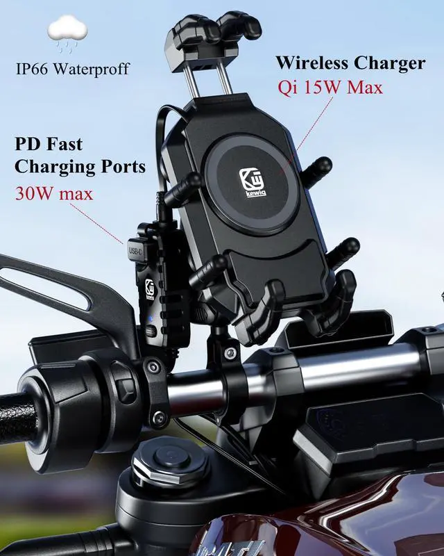 Alt view image 9 of 14 - Motorcycle Phone Mount Holder with Qi 15W Wireless Charger & 30W PD/USB-C Fast Charging Port, Anti-Theft Handlebar Cellphone Cradle with Vibration Dampener, Adjustable for 5.4-7.2'' Smartphone