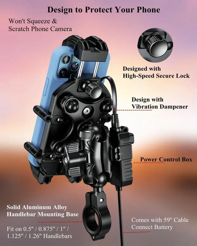 Alt view image 10 of 14 - Motorcycle Phone Mount Holder with Qi 15W Wireless Charger & 30W PD/USB-C Fast Charging Port, Anti-Theft Handlebar Cellphone Cradle with Vibration Dampener, Adjustable for 5.4-7.2'' Smartphone
