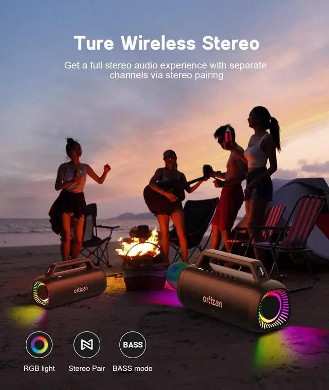 Alt view image 10 of 16 - 80W Speakers Bluetooth Wireless Loud with Bass, 24H Playtime, IPX7 Waterproof, Bluetooth 5.3, TWS Pairing, Large Outdoor Speaker with Lights, Portable for Garage, Camping and Beach - Black
