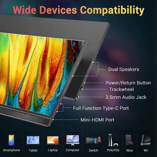 Alt view image 10 of 14 - Portable Monitor 15.6'' FHD 1080P USB C HDMI Gaming Monitor Ultra-Slim IPS Display w/Smart Cover & Speakers, Plug&Play, External Monitor for Laptop PC Phone Mac Xbox PS4