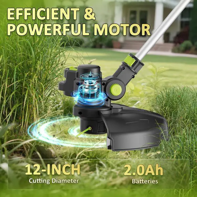 Alt view image 9 of 14 - 20V Cordless String Trimmer, 2.0Ah Battery Powered with Fast Charger, 12'' Grass Cutter with Auto Line Feed, 3-in-1 Electric Lawn Mower Grass Trimmer & Edger Lawn Tool with 8 Lines for Yard, Garden
