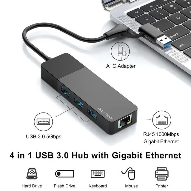 Alt view image 9 of 14 - USB to Ethernet Adapter, 4 in 1 USB C to Ethernet Adapter Hub with 3 x USB 3.0 Port/Gigabit Internet Port, High-Speed Network Hub Compatible for iMac,MacBook ProiPad ProXPS