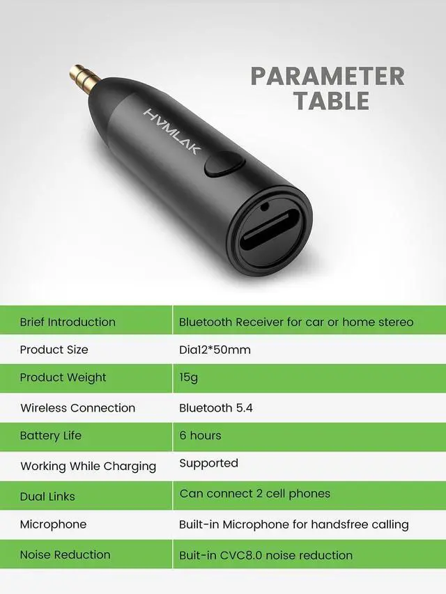 Alt view image 12 of 12 - Bluetooth 5.4 Car Aux Adapter with Enhanced Microphone, 3.5mm Jack for Car Home Stereo, USB-C Charging, Sturdy Case, 1 Piece