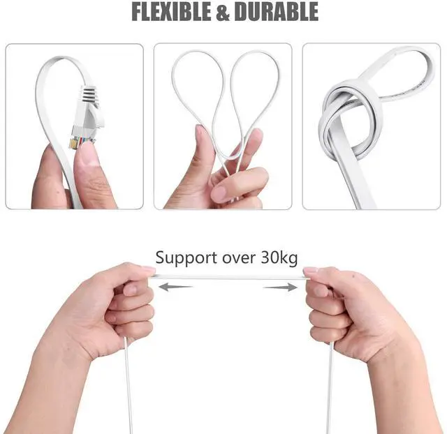 Alt view image 11 of 14 - Cat6 Ethernet Cable 50 FT White, Cat-6 Flat RJ45 Computer Internet LAN Network Ethernet Patch Cable Cord - 50 Feet