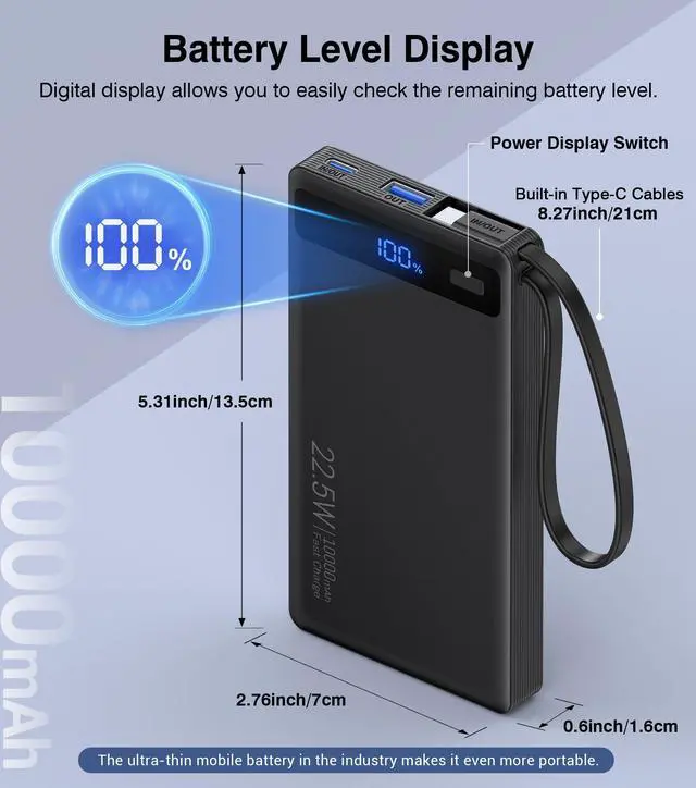 Alt view image 11 of 14 - Power Bank with 2 Built-in Cables 10000mAh, 22.5W PD Slim Portable Charger USB C Battery Pack, Travel Essentials Fast Charging Powerbank Compatible with iPhone 17 16 15 14 Plus Pro Samsung iPad etc