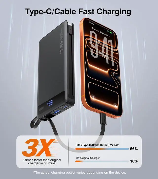 Alt view image 9 of 14 - Power Bank with 2 Built-in Cables 10000mAh, 22.5W PD Slim Portable Charger USB C Battery Pack, Travel Essentials Fast Charging Powerbank Compatible with iPhone 17 16 15 14 Plus Pro Samsung iPad etc
