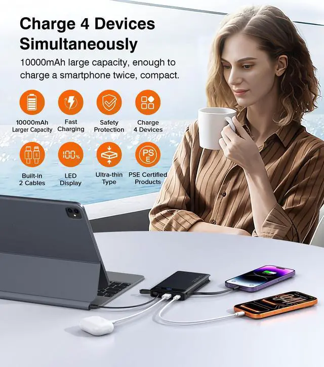 Alt view image 10 of 14 - Power Bank with 2 Built-in Cables 10000mAh, 22.5W PD Slim Portable Charger USB C Battery Pack, Travel Essentials Fast Charging Powerbank Compatible with iPhone 17 16 15 14 Plus Pro Samsung iPad etc
