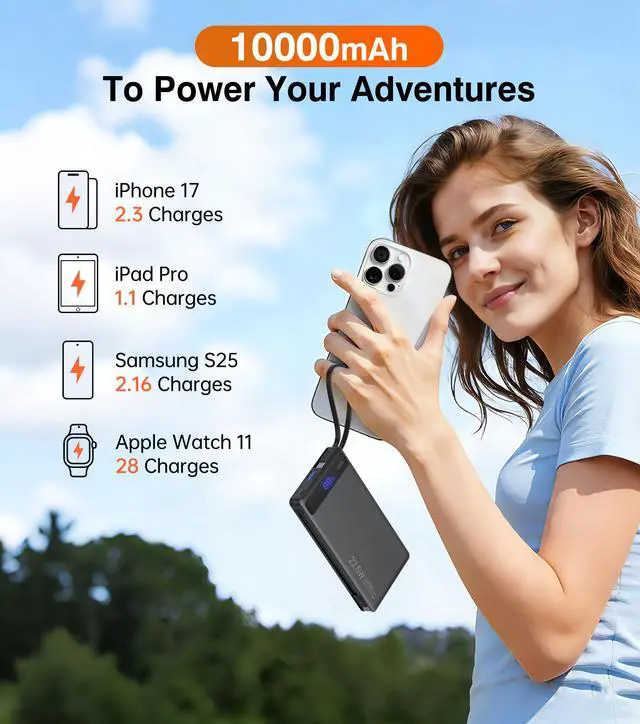 Alt view image 12 of 14 - Power Bank with 2 Built-in Cables 10000mAh, 22.5W PD Slim Portable Charger USB C Battery Pack, Travel Essentials Fast Charging Powerbank Compatible with iPhone 17 16 15 14 Plus Pro Samsung iPad etc