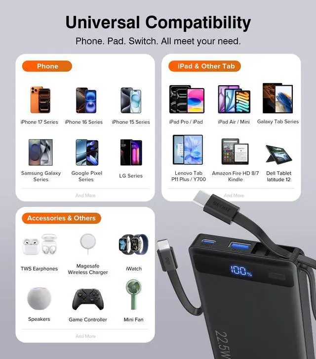 Alt view image 14 of 14 - Power Bank with 2 Built-in Cables 10000mAh, 22.5W PD Slim Portable Charger USB C Battery Pack, Travel Essentials Fast Charging Powerbank Compatible with iPhone 17 16 15 14 Plus Pro Samsung iPad etc