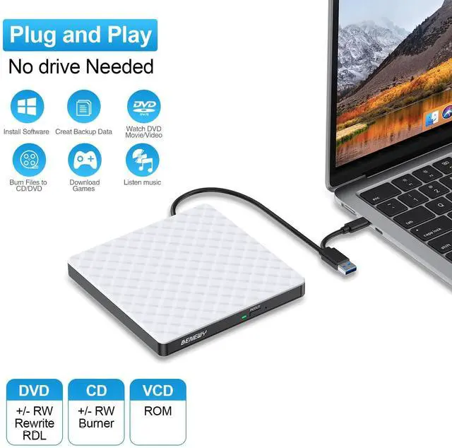 Alt view image 10 of 14 - External CD DVD Drive for Laptop, USB 3.0 USB C CD Burner DVD/CD ROM Drive Reader External DVD Drive DVD Player for Laptop Desktop PC Windows 11/10/8.1/7 MacBook Mac Linux OS Apple White