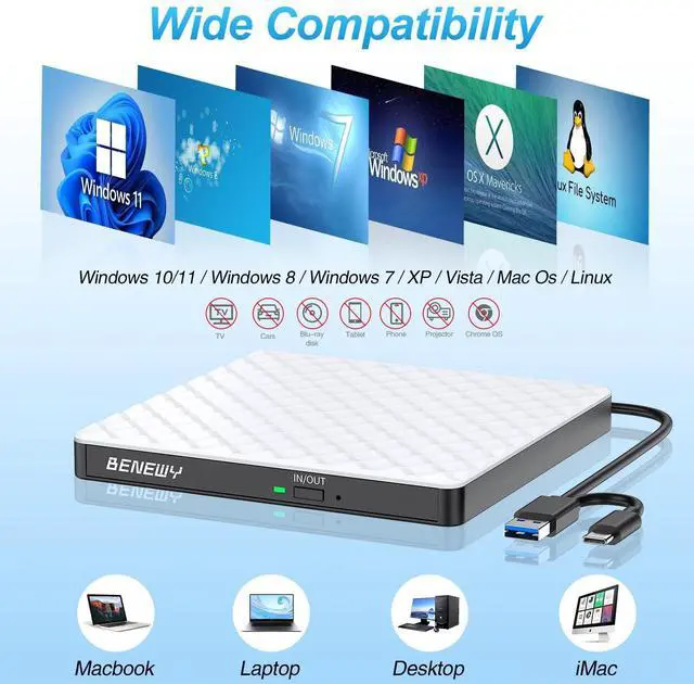 Alt view image 9 of 14 - External CD DVD Drive for Laptop, USB 3.0 USB C CD Burner DVD/CD ROM Drive Reader External DVD Drive DVD Player for Laptop Desktop PC Windows 11/10/8.1/7 MacBook Mac Linux OS Apple White