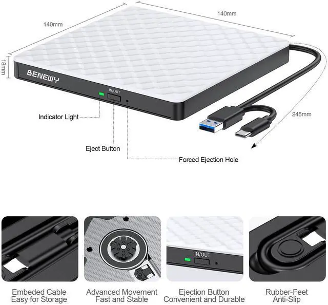 Alt view image 11 of 14 - External CD DVD Drive for Laptop, USB 3.0 USB C CD Burner DVD/CD ROM Drive Reader External DVD Drive DVD Player for Laptop Desktop PC Windows 11/10/8.1/7 MacBook Mac Linux OS Apple White
