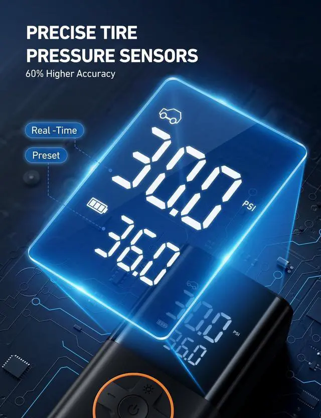 Alt view image 12 of 14 - L7 Tire Inflator Portable Air Compressor Cordless Mini Bike Pump with Digital Dual Values Display, 150 PSI Car Tires Air Pump with LED Lights&Pressure Gauge for Auto, Motorcycles, Bikes, Balls