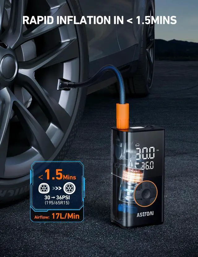 Alt view image 11 of 14 - L7 Tire Inflator Portable Air Compressor Cordless Mini Bike Pump with Digital Dual Values Display, 150 PSI Car Tires Air Pump with LED Lights&Pressure Gauge for Auto, Motorcycles, Bikes, Balls