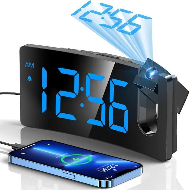 Alt view image 7 of 12 - Projection Alarm Clock, Digital Clock with 180° Rotatable Projector, 3-Level Brightness Dimmer, Clear LED Display, USB Charger, Progressive Volume, 9mins Snooze,12/24H, for Bedroom