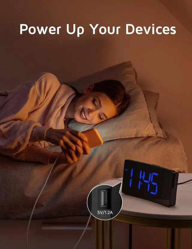 Alt view image 10 of 12 - Projection Alarm Clock, Digital Clock with 180° Rotatable Projector, 3-Level Brightness Dimmer, Clear LED Display, USB Charger, Progressive Volume, 9mins Snooze,12/24H, for Bedroom