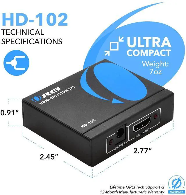 Alt view image 14 of 14 - HDMI Splitter 1 in 2 Out - For TV Mirror Only - Not for Multi Monitors, No HDCP bypass, USB Powered, No Adapter Included,1080P@60Hz & 4K@30Hz Resolutions HDMI Splitter (HD-102)
