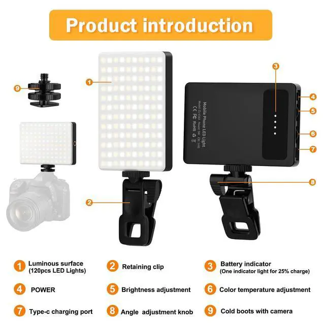 Alt view image 11 of 14 - 120 LED Selfie Light for iPhone, Portable Phone Light with Clip & Camera Tripod Adapter - 5000mAh Rechargeable, 3 Lighting Modes, CRI 97+ for Video Recording, TikTok, Tripod Mount Rings