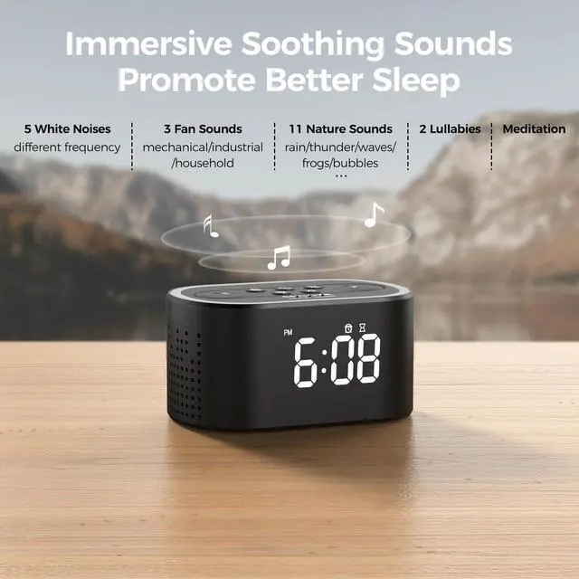 Alt view image 11 of 14 - Digital Alarm Clock & White Noise Sound Machine, 21 Soothing Sounds, 7 Wake Up Sounds, 8 Night Lights, 32-Level Volume, 9 Sleep Timer, Memory Function for Kid, Adult, Bedroom, Nightstand