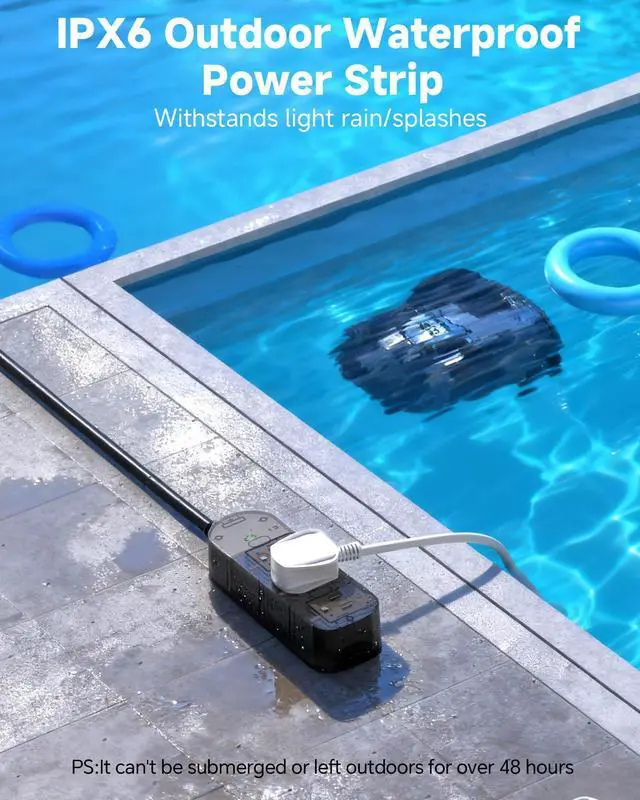Alt view image 14 of 14 - Outdoor Power Strip, 3 AC Outlets, 5 FT, 1625W/13A High-Power Single-Device Use, with Anti-Electric Shock & IPX6 Waterproof, Ideal for Backyard, Patio, Garage, Kitchen, Workshop, Camping, RV
